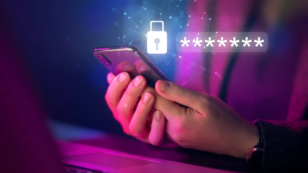 Hand holding a phone with a padlock and a hidden password glowing above it