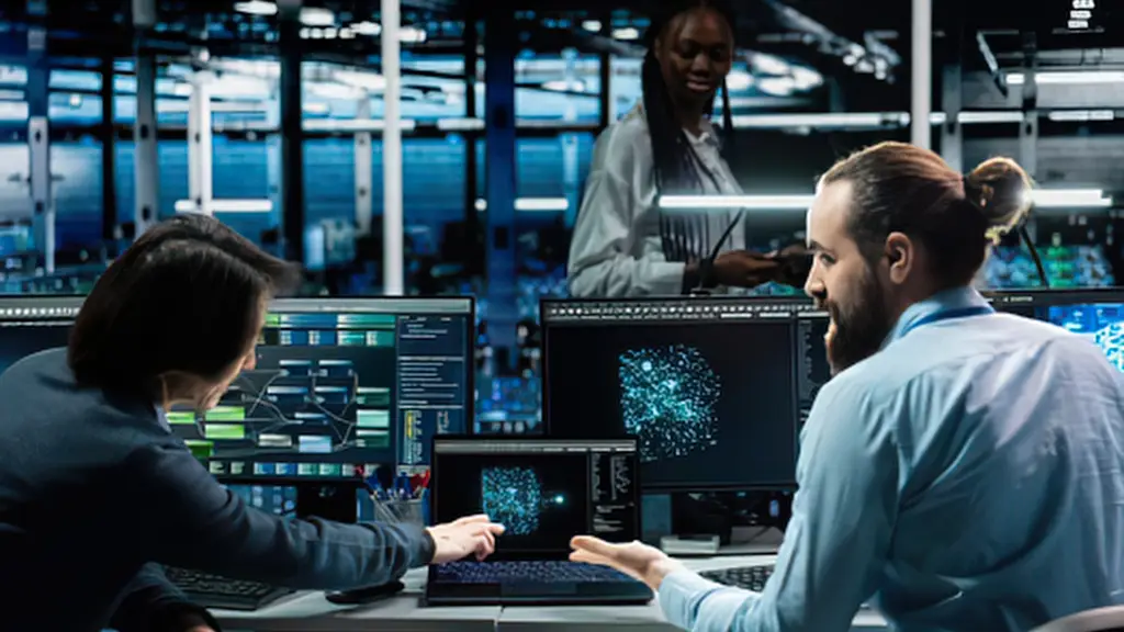 Security analysts working at screens in an operations room