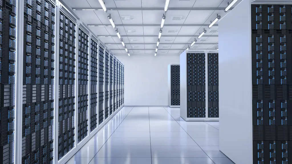 A bright, empty data-centre aisle lined with server racks