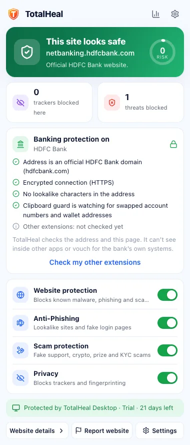 TotalHeal extension popup: a verified banking site