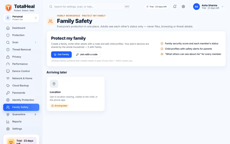TotalHeal Family Safety screen showing shared device seats and their protection status
