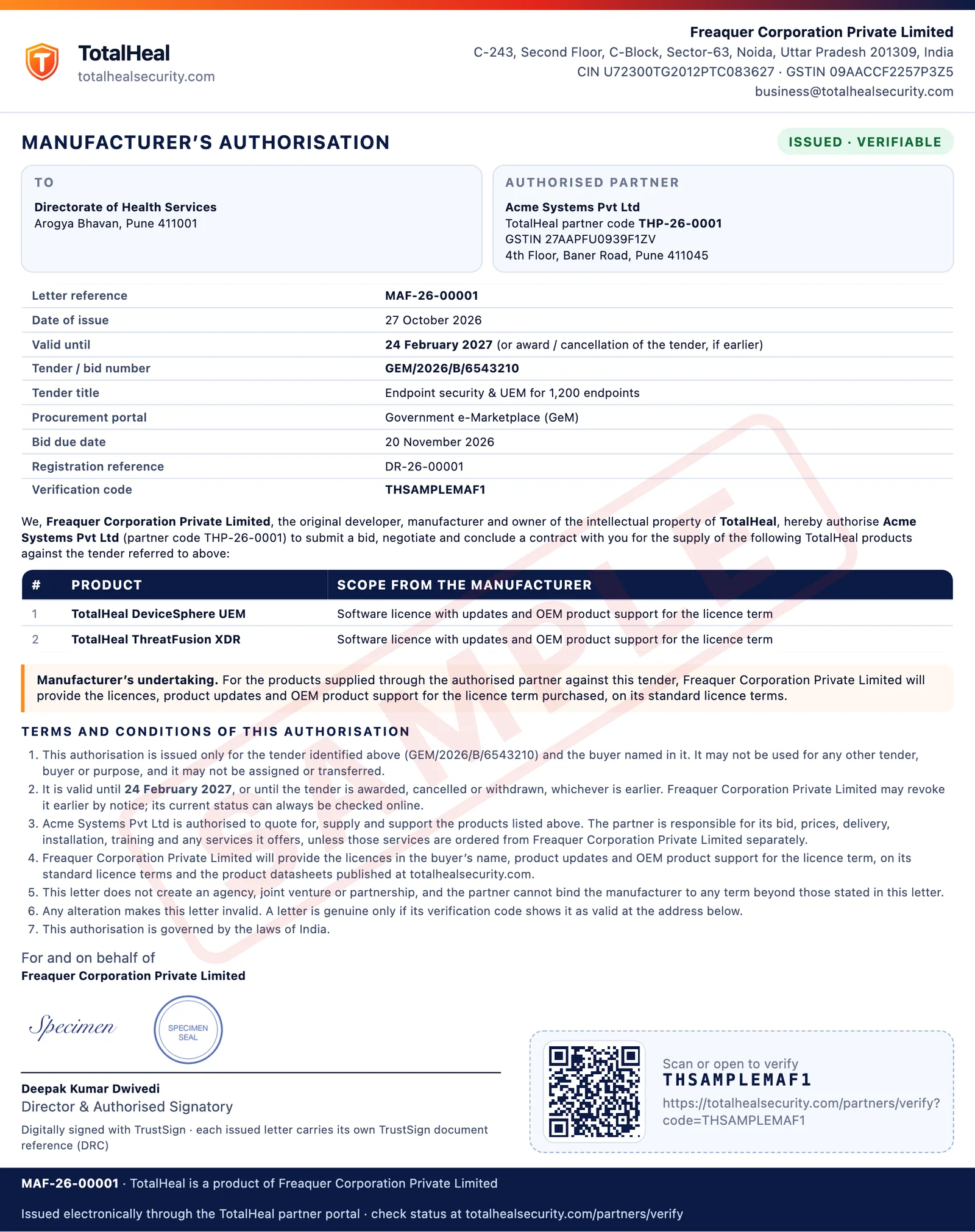 Sample TotalHeal manufacturer’s authorisation letter, full size