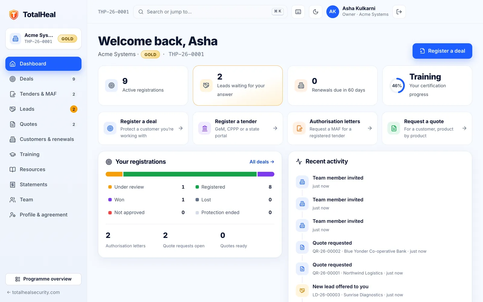 Partner portal dashboard: active registrations, leads waiting for an answer, renewals due, training progress and recent activity