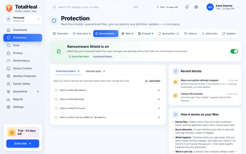 TotalHeal Ransomware Shield with protected folders and recent blocks