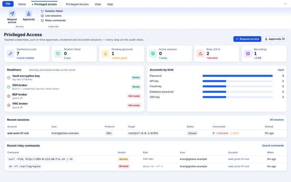 TotalHeal console, Privileged Access overview: vaulted accounts, approvals, active sessions, risky commands, recordings, readiness and recent sessions