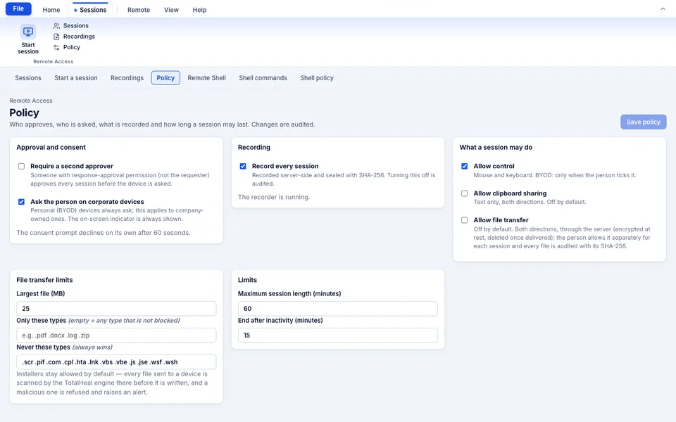 TotalHeal console, Remote Access policy: second approver, consent on corporate devices, recording, control, clipboard and file-transfer settings and session limits